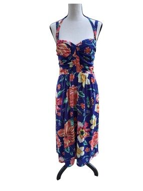 Anthropologie Navy Floral Midi Dress with Bright Tropical Blooms